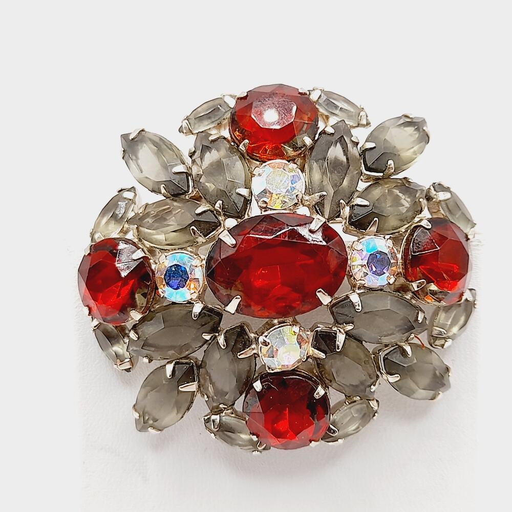 Vintage Rhinestone Brooch, Red Aurora Borealis Pin, Smoky Gray Navettes, 1960s - Picture 6 of 8